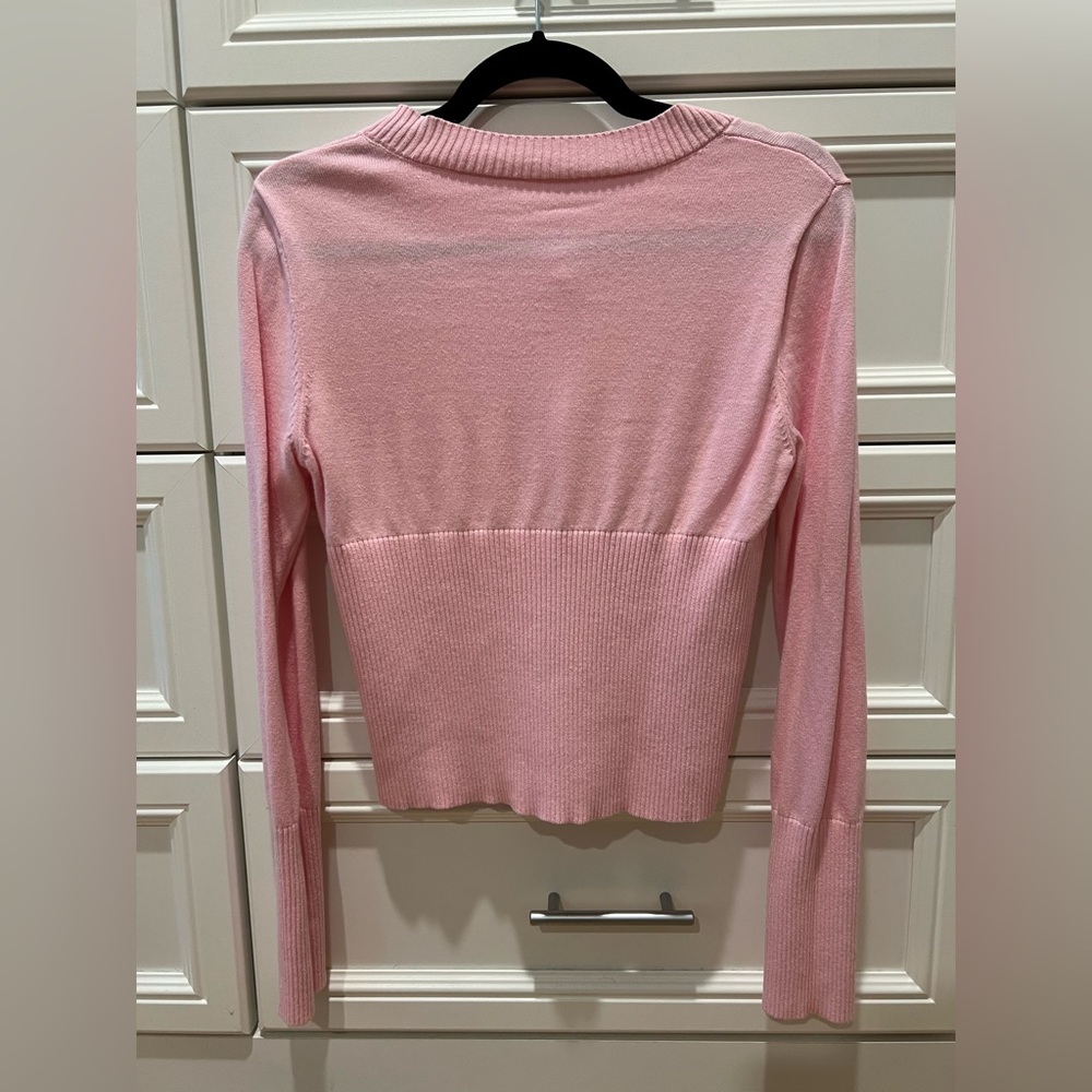 Pink Open Front Button Up Cropped Ribbed Knit Cardigan - Picture 3 of 4